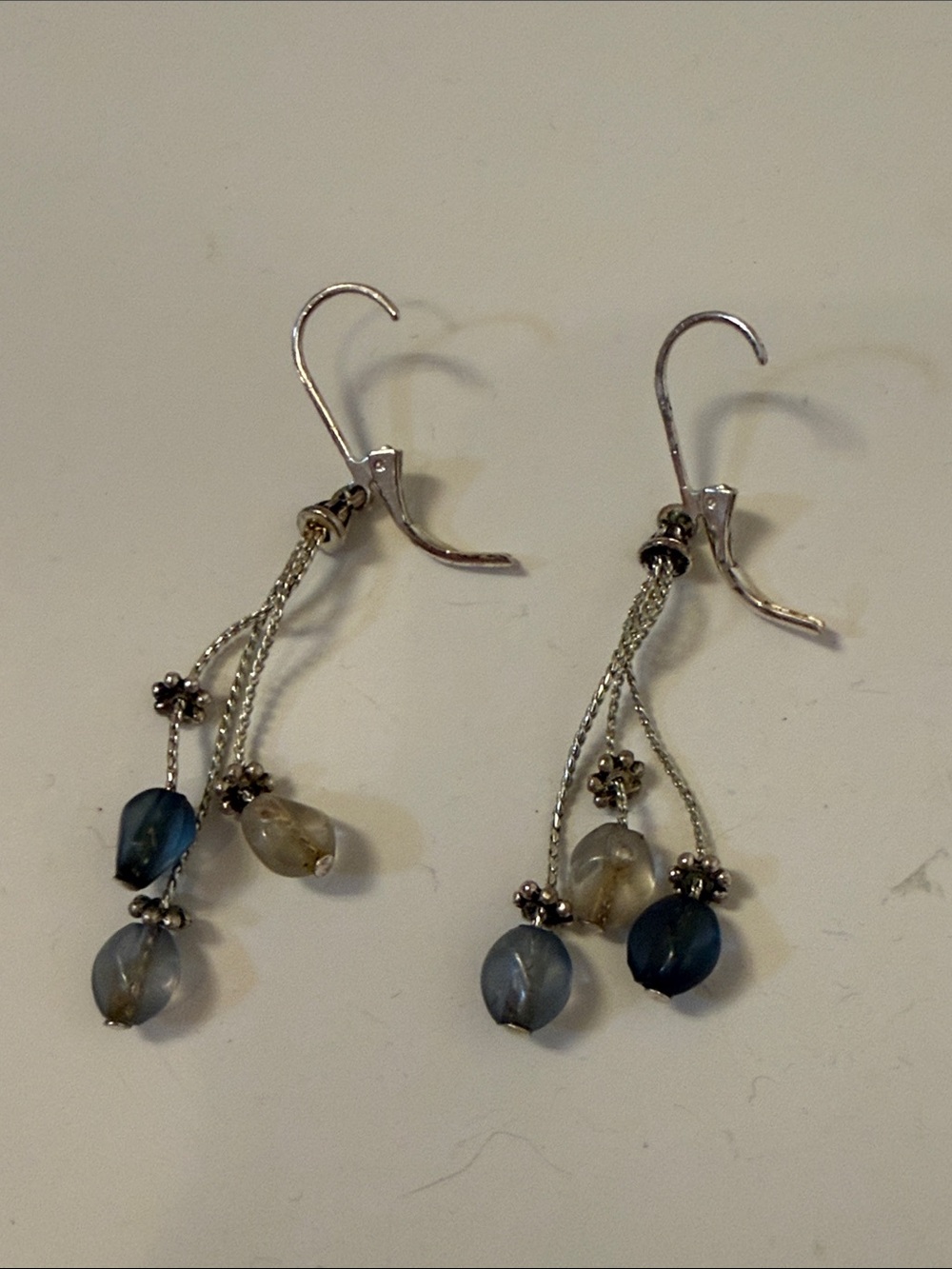 EARRINGS STERLING SILVER THREADS 3 BEADS CLEAR BLUE GRAY LEVER BACK PIERCED